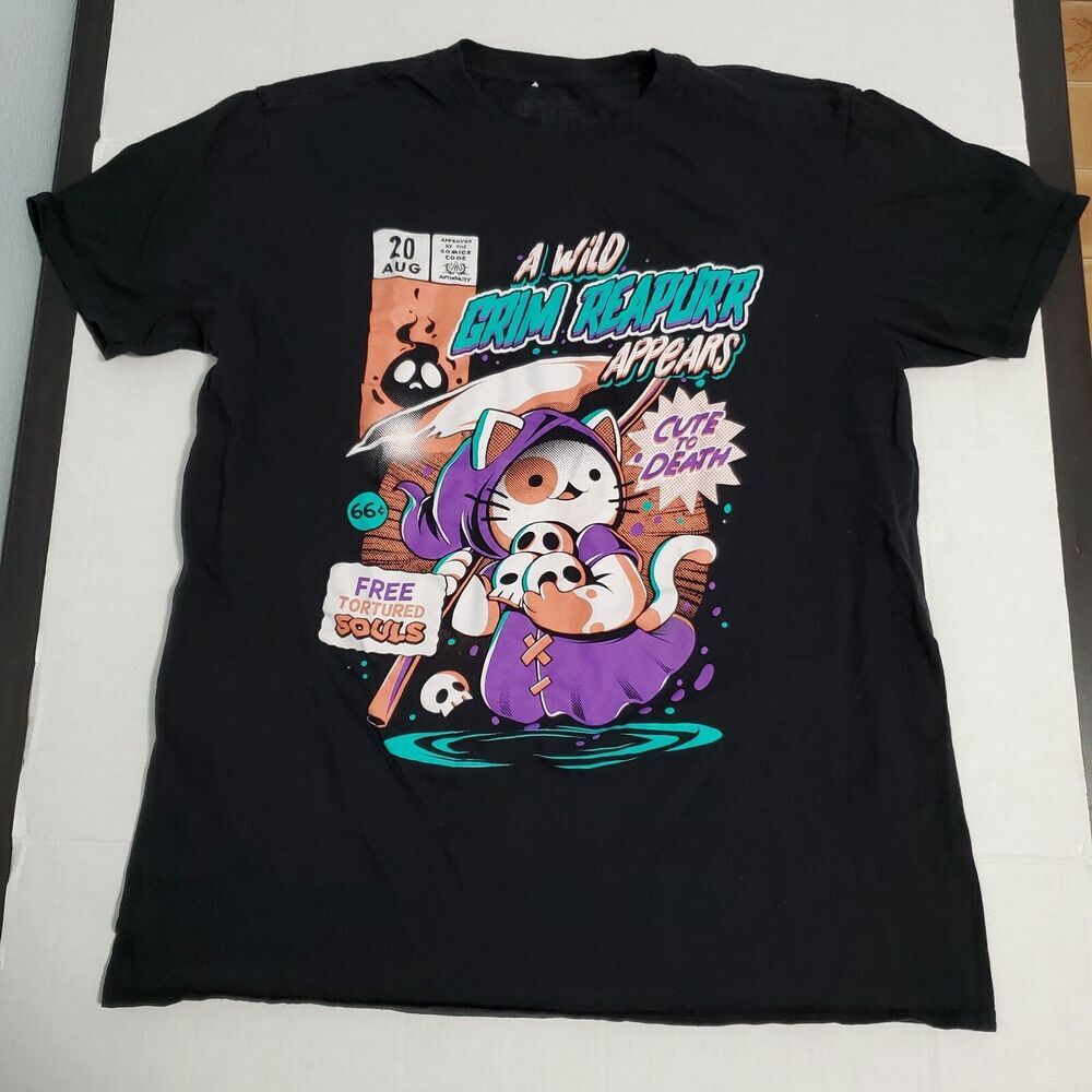 Black Matter T-Shirt A Wild Grim Reapurr Appears Cute to Death Black Sz L - Picture 2 of 6